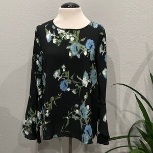 Vince Camuto Black Blouse with Blue Floral Design M